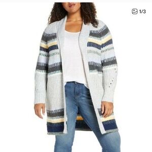 Caslon® Staggered Stripe Cardigan (Plus Size) 2x